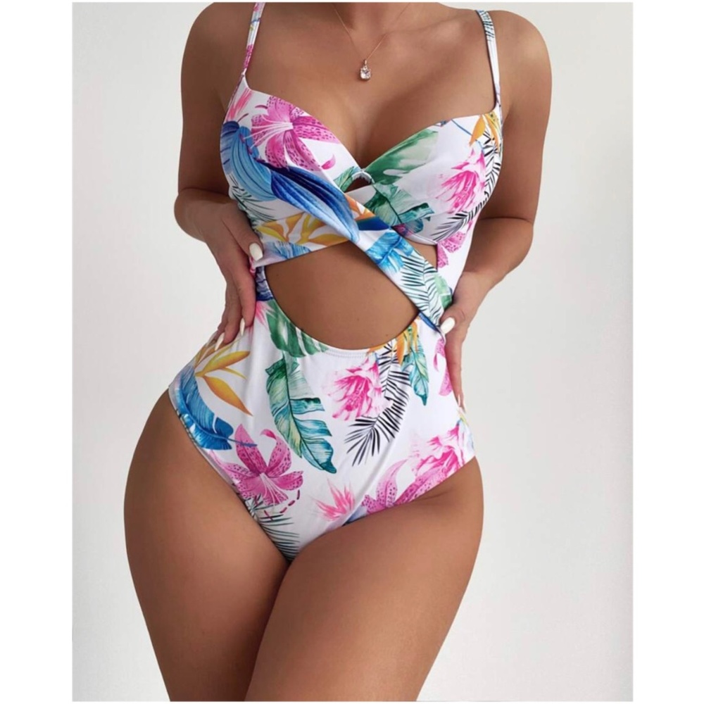 Boho Pink Floral tropical Print Cut out Monokini One Piece Swim - Picture 4 of 4